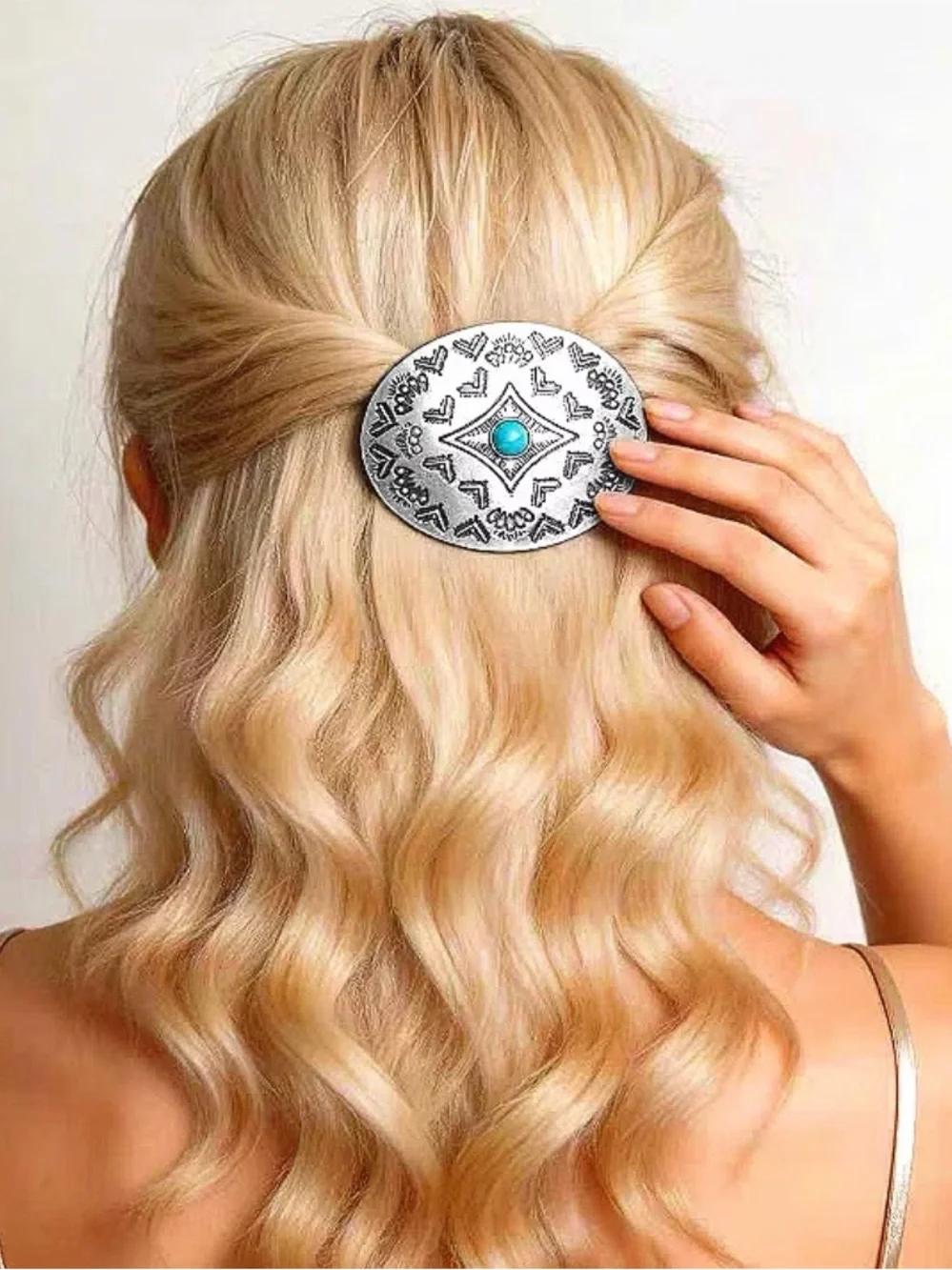 Western Silver-Tone Oval Turquoise Accent Hair Barrette - Women Accessories